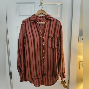 CP Shades Button Collared Shirt Linen Black Terracotta Stripe Size XS Resort